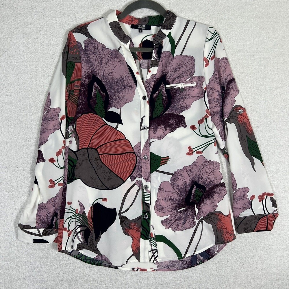 Lior Paris Floral Print Button Up Top Womens Small Roll Tab Sleeve